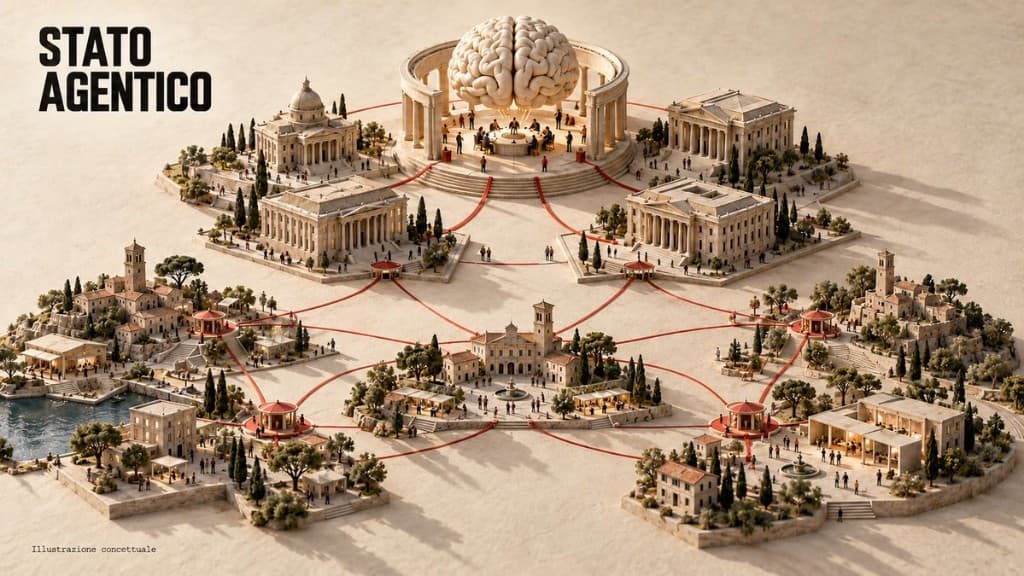 Conceptual illustration of an agentic state: a coordination brain linked to institutions and territories
