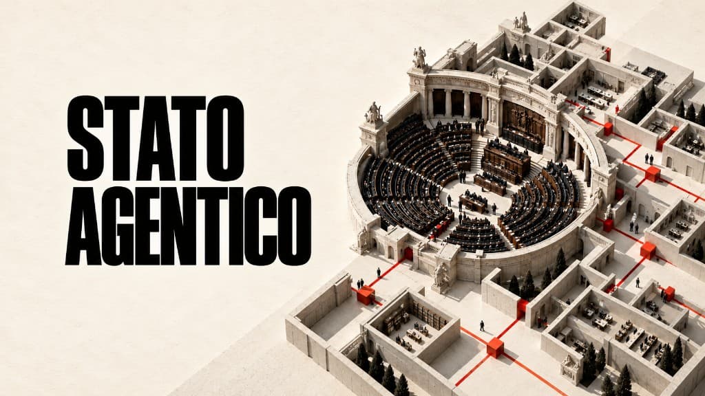 Conceptual illustration of a parliamentary hemicycle crossed by an agentic network